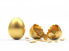 Golden Egg And Broken Egg Shell With Coins Isolated On A White Background. 3D Illustration