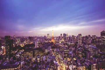 Poster - Aerial shot of the famous historic Tokyo tower shining brightly surrounded by other buildings