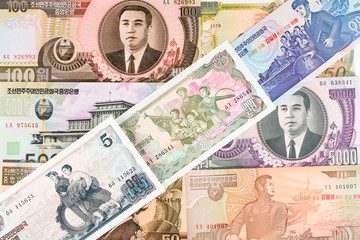 North Korea Won banknotes background. High resolution vintage photo of North Korean bill 2, DPRK money close up macro.