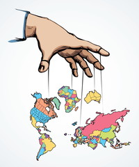 Poster - Man hand with a World map. Continents with contours of countries. Vector drawing