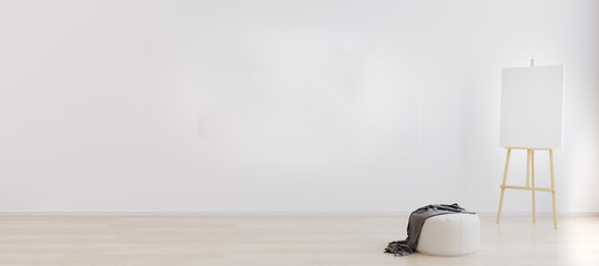 Wall Mural - easel with canvas in bright white room for mockup. artist workspace concept. empty bright room inter