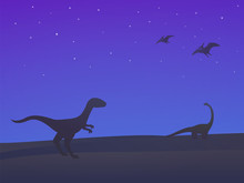 Dinosaurs, Velociraptor, Sauropod And Pterodactyls At Night Vector Illustration