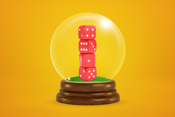 Poster - 3d rendering of stack of four red dice inside snowglobe on amber background.
