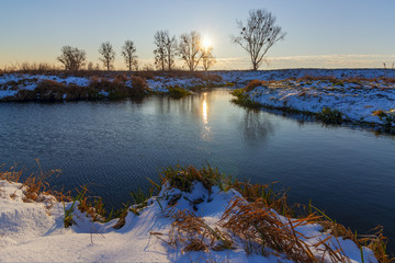 Wall Mural - Beautiful winter snowy morning landscape