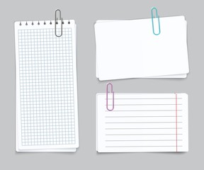 Poster - Realistic Different sheets. Blank gridded torn notebook paper color paper clips. Vector notepapers for post memories and remember notes