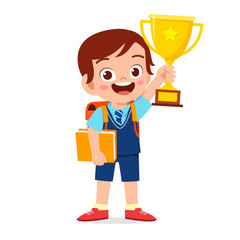 Wall Mural - happy cute little kid boy holding trophy