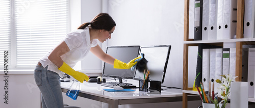 Cuadros en Lienzo Woman Cleaning Computer In Office