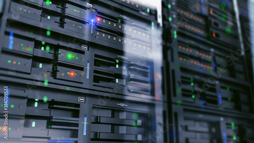 Fotomural Server units in cloud service data center showing flickering light indicators for massive data connection bandwidth, close up shot