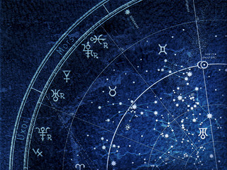 Fragment of The Astronomical Celestial Atlas of Night Sky with Stars and Planets (Alternate Ultraviolet Blueprint: grunge vintage remake).