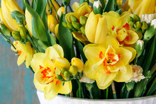Spring Bouquet With Yellow Tulips, Carnations And Daffodils