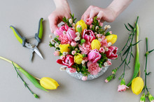 Woman Shows How To Make Beautiful Floral Arrangement With Tulip And Carnation Flowers