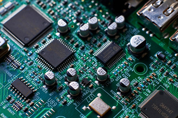 printed circuit Board with chips and radio components electronics