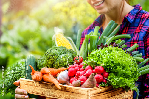 Cuadros en Lienzo Farmer woman holding wooden box full of fresh raw vegetables