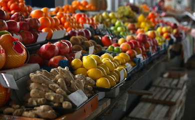 Poster - Tasty fresh fruits on counter at wholesale market