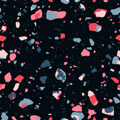 Terrazzo seamless pattern. Vector texture of mosaic floor with colorful recycled glass splinters, plastic, stone fragments, chips of marble, granite, quartz. Multicolor particles on black background