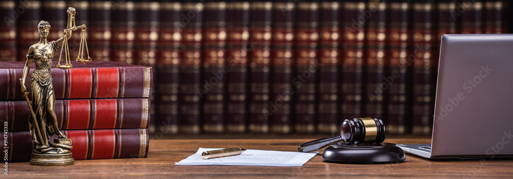 Mallet And Legal Book With Justice Scale On Table - obrazy, fototapety, plakaty 
