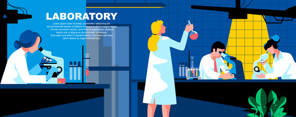 Aufkleber - Laboratory flat vector landing page template. Medical tube testing, chemical lab banner layout with header. Biochemistry experiment, pharmaceutical discovery cartoon illustration with text space