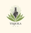 Tequila bar logo design with tequila bottle growing from agave plant. Creative vintage symbol for alcoholic beverage. Vector icon illustration for Mexican drink.