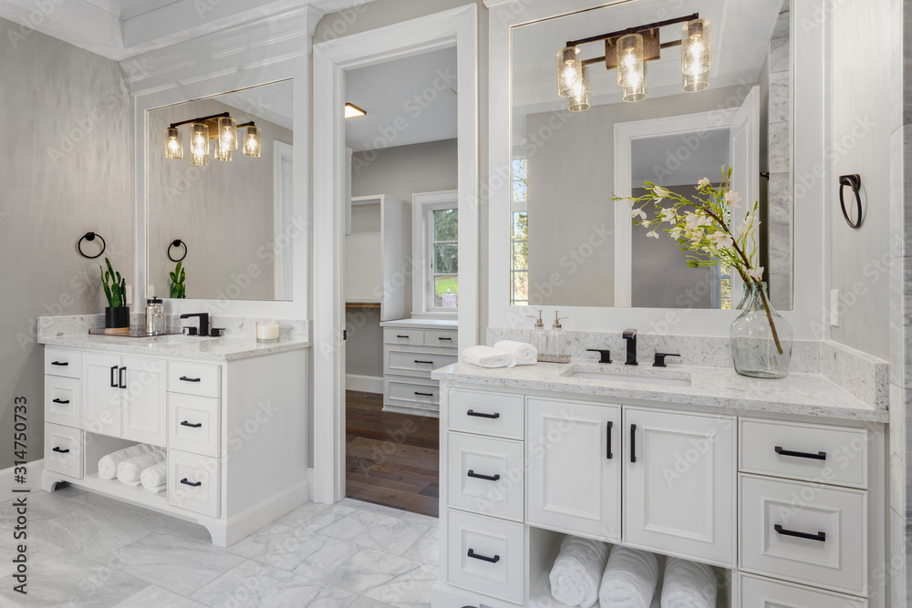 Beautiful bathroom in new luxury home with two vanities, sinks, and mirrors. - obrazy, fototapety, plakaty 