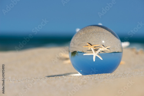 Cuadros en Lienzo Lensball summer vacation landscape with starfish reflection