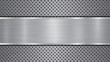 Background in gray colors, consisting of a metallic perforated surface with holes and a polished plate with metal texture, glares and shiny edges