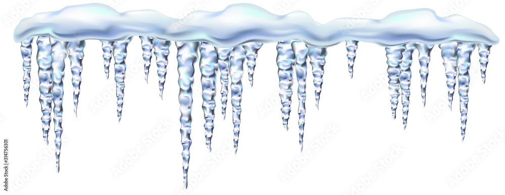 Icicles shiny and glass hanging in winter and spring, snowdrift, clipart for your design. - obrazy, fototapety, plakaty 