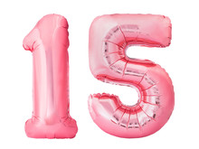 Number 15 Fifteen Made Of Rose Gold Inflatable Balloons Isolated On White Background. Pink Helium Balloons Forming 15 Fifteen Number