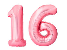 Number 16 Sixteen Made Of Rose Gold Inflatable Balloons Isolated On White Background. Pink Helium Balloons Forming 16 Sixteen Number