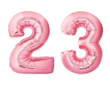 Number 23 Twenty Three Made Of Rose Gold Inflatable Balloons Isolated On White Background. Pink Helium Balloons Forming 23 Twenty Three Number