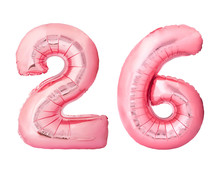 Number 26 Twenty Six Made Of Rose Gold Inflatable Balloons Isolated On White Background. Pink Helium Balloons Forming 26 Twenty Six Number