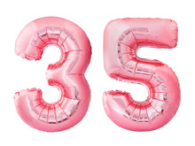 Number 35 Thirty Five Made Of Rose Gold Inflatable Balloons Isolated On White Background. Pink Helium Balloons Forming 35 Thirty Five. Birthday Concept