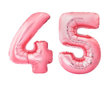 Number 45 Forty Five Made Of Rose Gold Inflatable Balloons Isolated On White Background. Pink Helium Balloons Forming 45 Forty Five Number