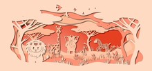 Laser Cut Paper, Template For DIY Scrapbooking. Lion, Giraffe, Elephant, Zebra. Animals, Mammals, Wildlife, Bird, Tree, Grass, Sunset In Africa From Plotter Paper.