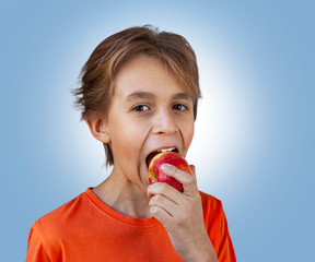 Wall Mural - boy eat apple on white