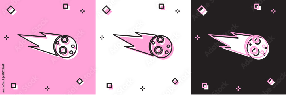 Set Comet falling down fast icon isolated on pink and white, black background.  Vector Illustration - obrazy, fototapety, plakaty 