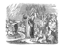 Vintage Drawing Or Engraving Of Biblical Story Of Prophet Elijah On Mount Carmel Asking God To Set Fire And Defeating Baal.Bible, Old Testament, 1 Kings 18. Biblische Geschichte , Germany 1859.