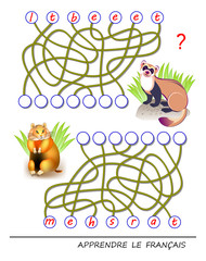 Wall Mural - learn french. logic puzzle game with cute animals for study french language. find correct places for