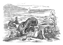 Vintage Drawing Or Engraving Of Biblical Story Of Prophet Jonah And The Big Fish. Old Man Vomited By Water Monster. Bible, Old Testament, Jonah 2. Biblische Geschichte , Germany 1859.
