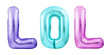 Word LOL made of colorful inflatable balloon letters isolated on white background. Helium balloons forming word LOL