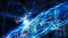 Nebula And Galaxies In Universe. Abstract Outer Space Background. Magic Blue Veil Nebula And Big Star. Panoramic View Of Deep Cosmos.