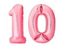 Number 10 Ten Made Of Rose Gold Inflatable Balloons Isolated On White Background. Pink Helium Balloons Forming 10 Ten Number. Discount And Sale Or Birthday Concept