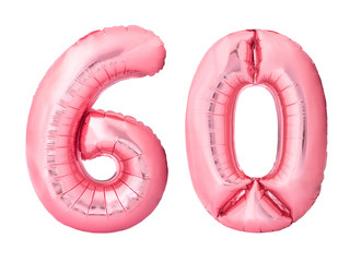 Wall Mural - Number 60 sixty made of rose gold inflatable balloons isolated on white background. Pink helium balloons forming 60 sixty number. Discount and sale or birthday concept