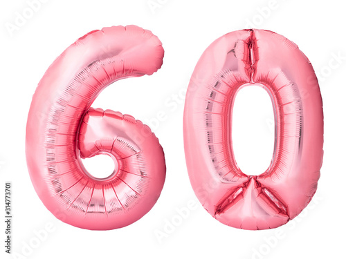 Fotomural Number 60 sixty made of rose gold inflatable balloons isolated on white background