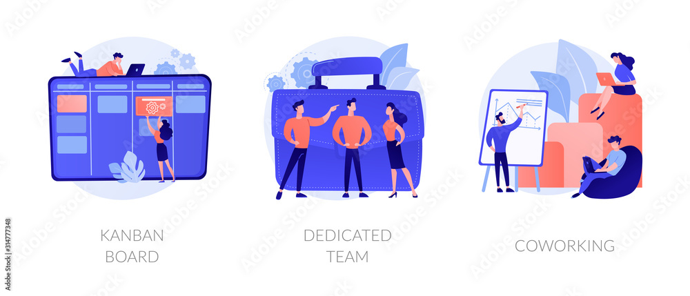 Office time management icons cartoon set. Workflow optimization. Coworkers brainstorming. Kanban board, dedicated team, coworking metaphors. Vector isolated concept metaphor illustrations - obrazy, fototapety, plakaty 