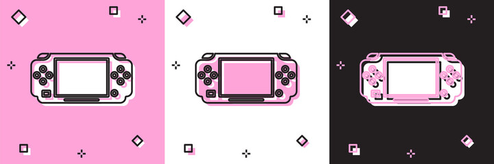 Set Portable video game console icon isolated on pink and white, black background. Gamepad sign. Gaming concept. Vector Illustration