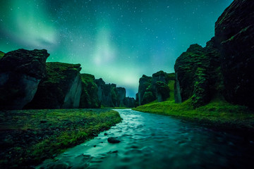 Wall Mural - Aurora Borealis (Northern Lights) above Fjadrargljufur canyon