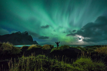 Wall Mural - Aurora Borealis (Northern Lights) above Stokksnes Beach and Vestrahorn Mountains, Iceland