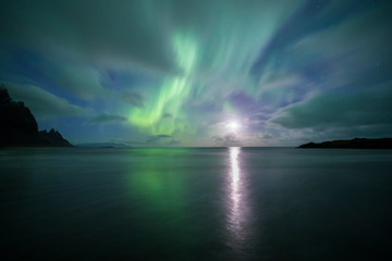 Wall Mural - Aurora Borealis (Northern Lights) above Stokksnes Beach and Vestrahorn Mountains, Iceland