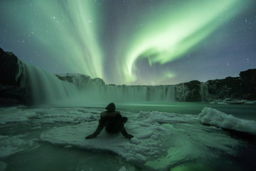 Wall Mural - Northern Lights (Aurora Borealis) above Godafoss Waterfall, Iceland