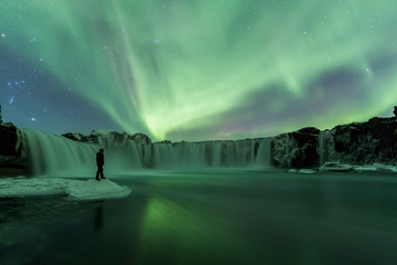 Wall Mural - Northern Lights (Aurora Borealis) above Godafoss Waterfall, Iceland